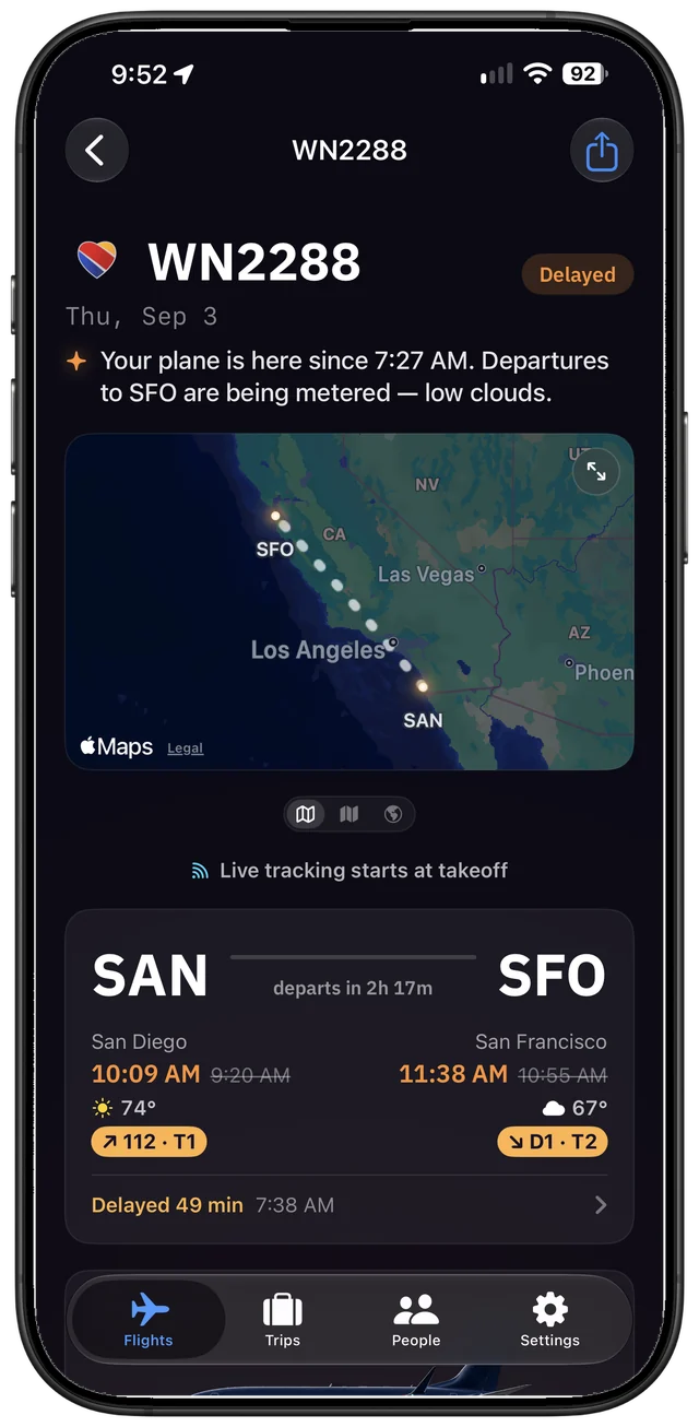 A delayed Southwest flight with its reason in one sentence: departures metered for low clouds