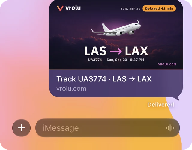 A Vrolu flight link in a Messages thread, with its live preview card